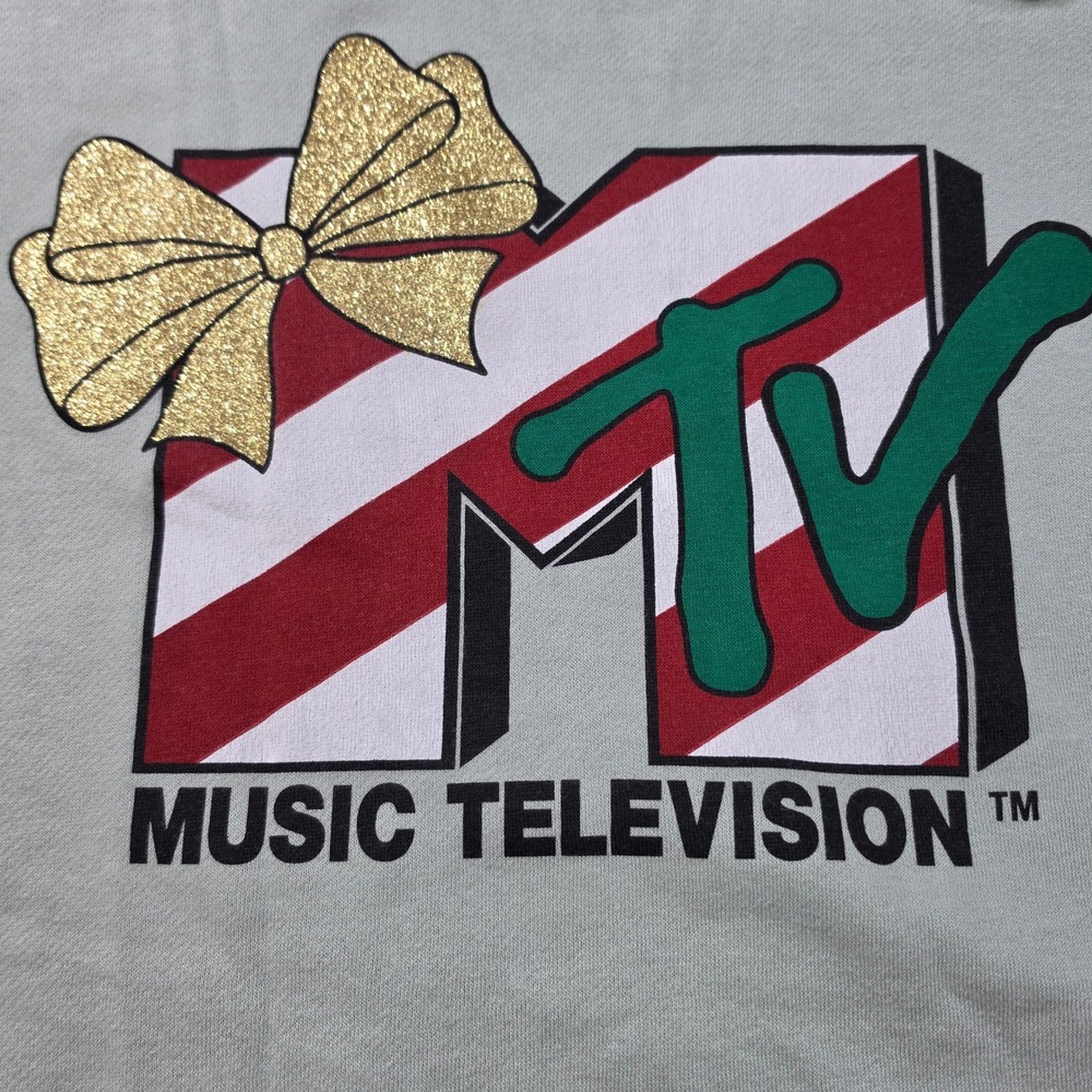 MTV Hoodie Womens Large Mint Green Excellent Christmas Candy Cane Glitter Logo